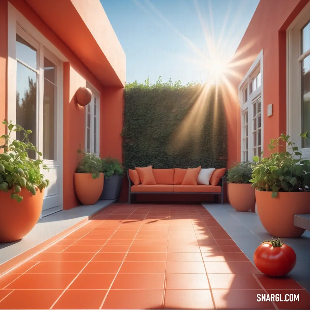 Room with a couch and some plants in it and a sun shining through the window above it and a red tiled floor. Example of RGB 232,108,77 color.