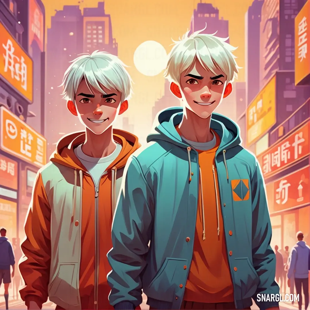 Two young men standing in front of a cityscape with a yellow sky in the background. Example of CMYK 0,84,80,0 color.