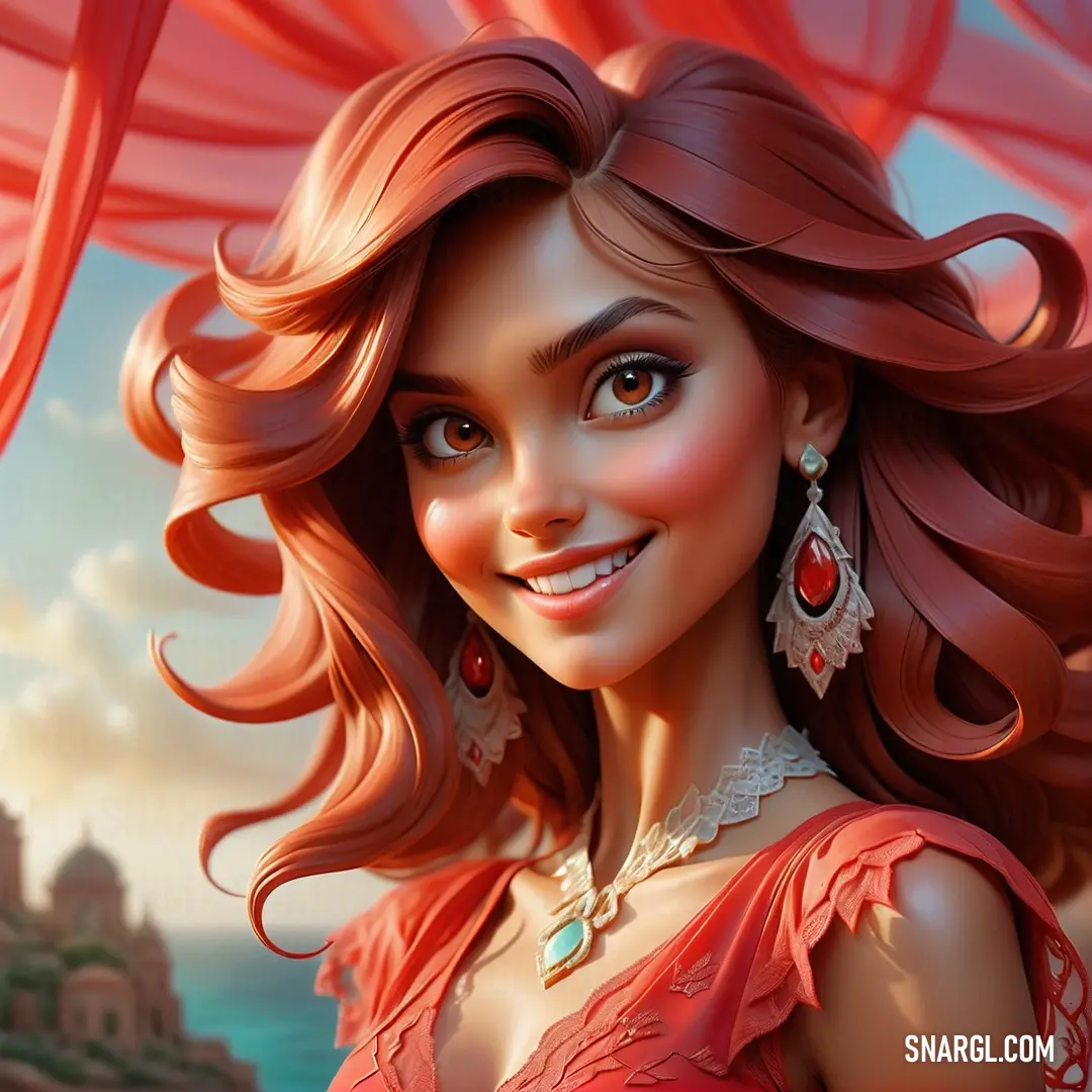 Woman with long hair and a necklace on her neck and a red dress on her shoulders and a castle in the background