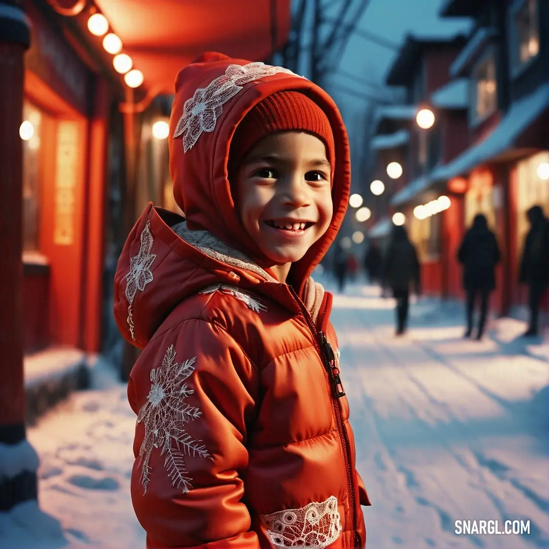 Young boy in a red jacket standing in the snow at night with a red light on his head. Example of RAL 420-4 color.