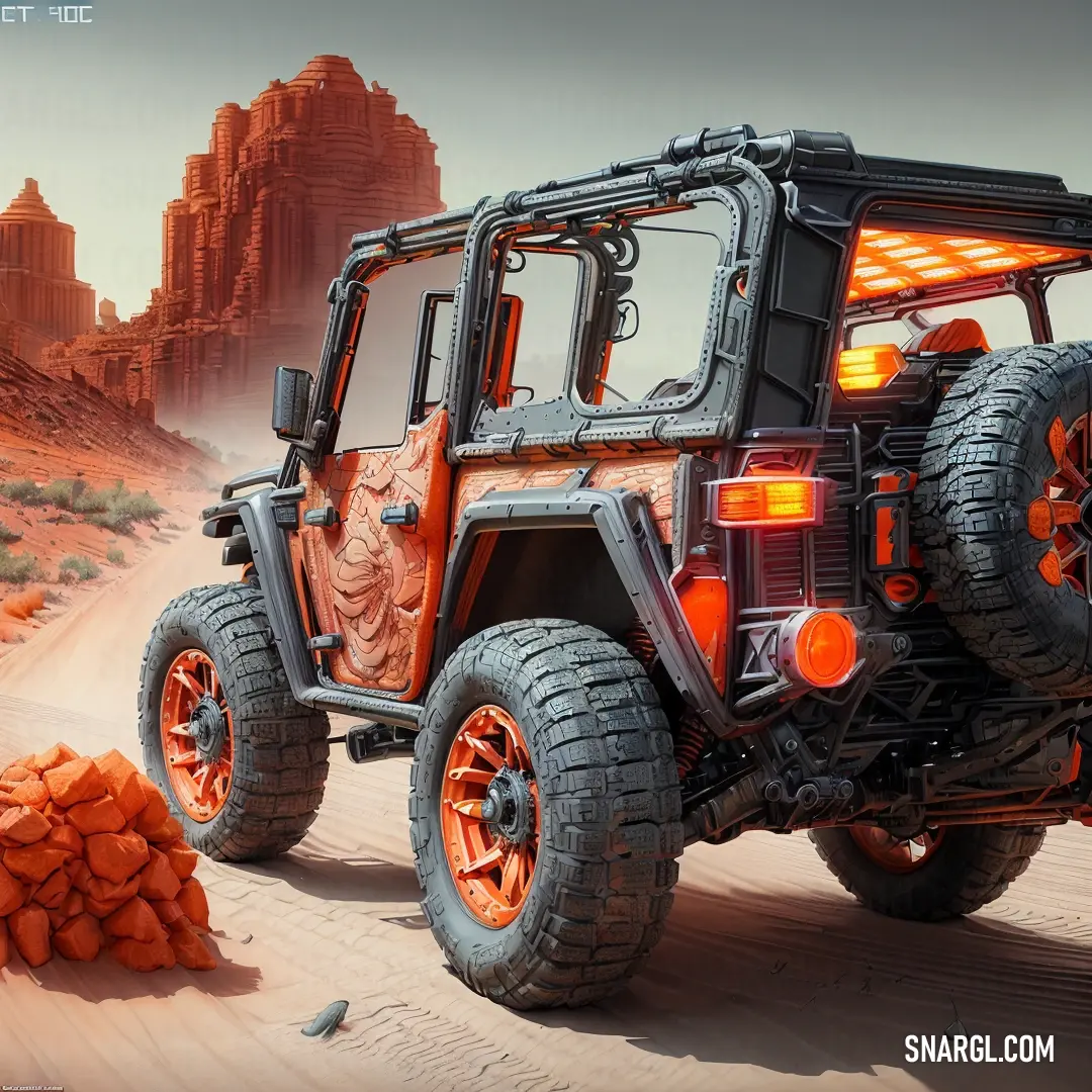Jeep with orange wheels and orange tires driving through a desert landscape with rocks. Example of RAL 420-6 color.