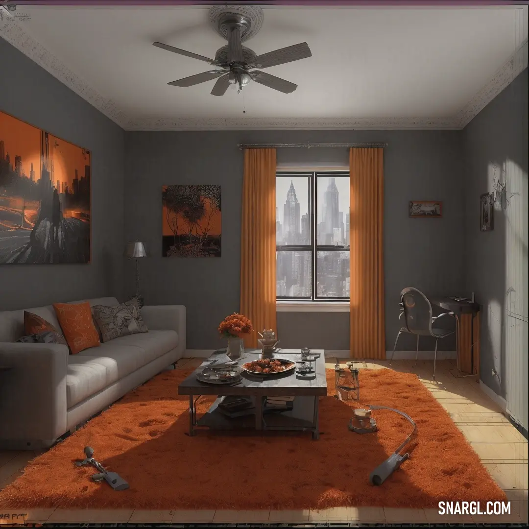 RAL 420-6 color example: Living room with a couch, coffee table and a ceiling fan in it's center area