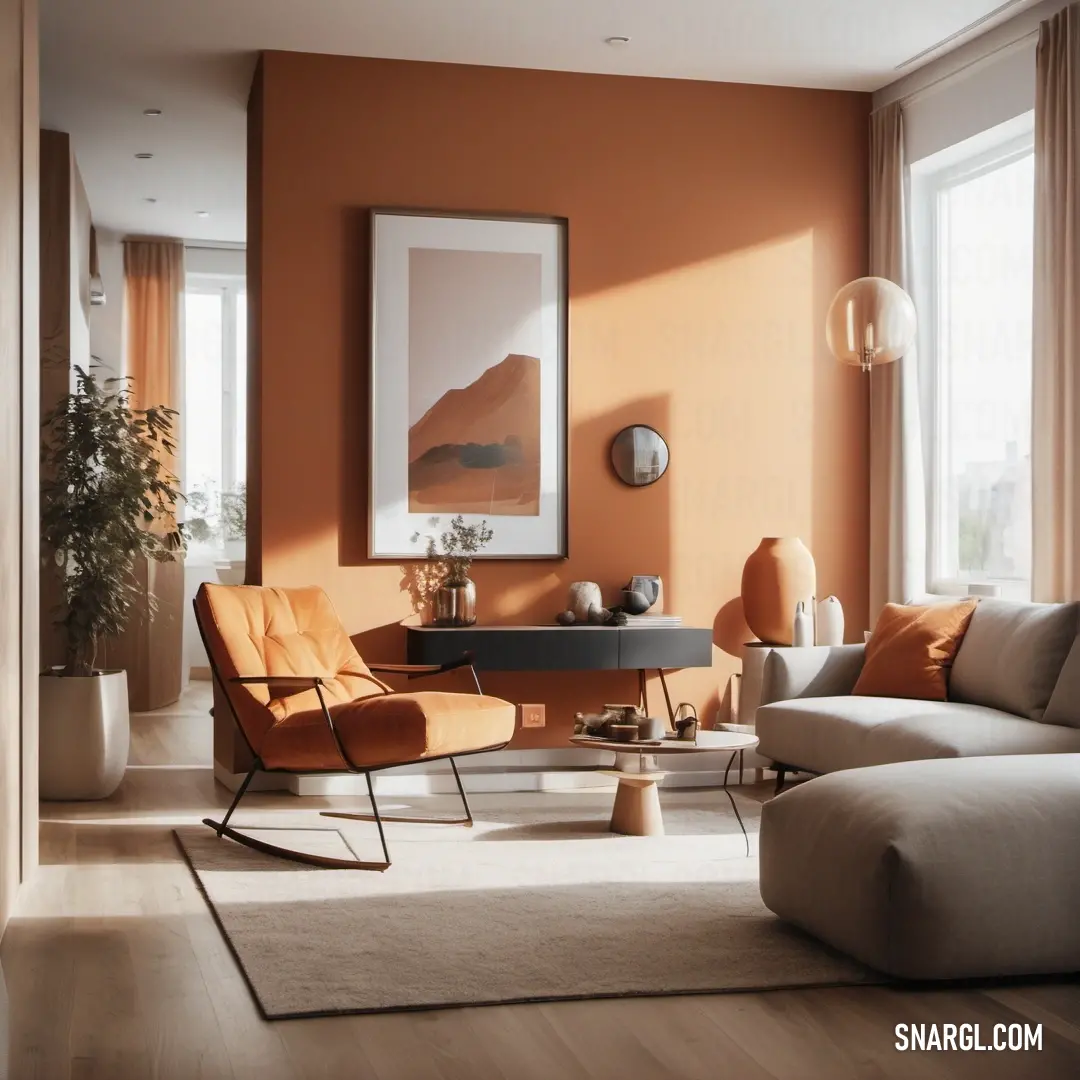 Living room with orange walls and a white rug on the floor and a chair and a table with a vase. Color RGB 194,88,60.