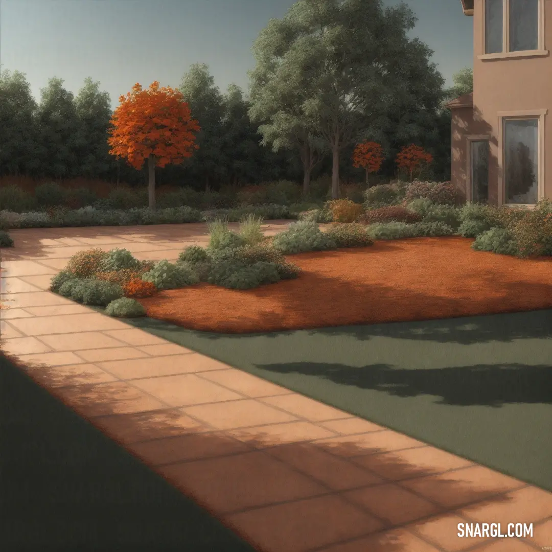 RAL 420-6 color. Painting of a house and a path in the foreground with trees and bushes in the background