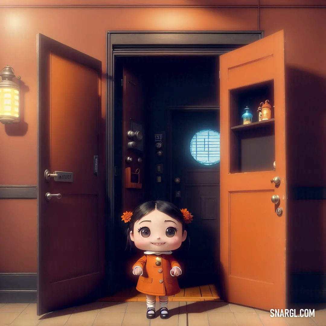 RAL 420-6 color example: Little girl standing in a doorway of a room with a light on