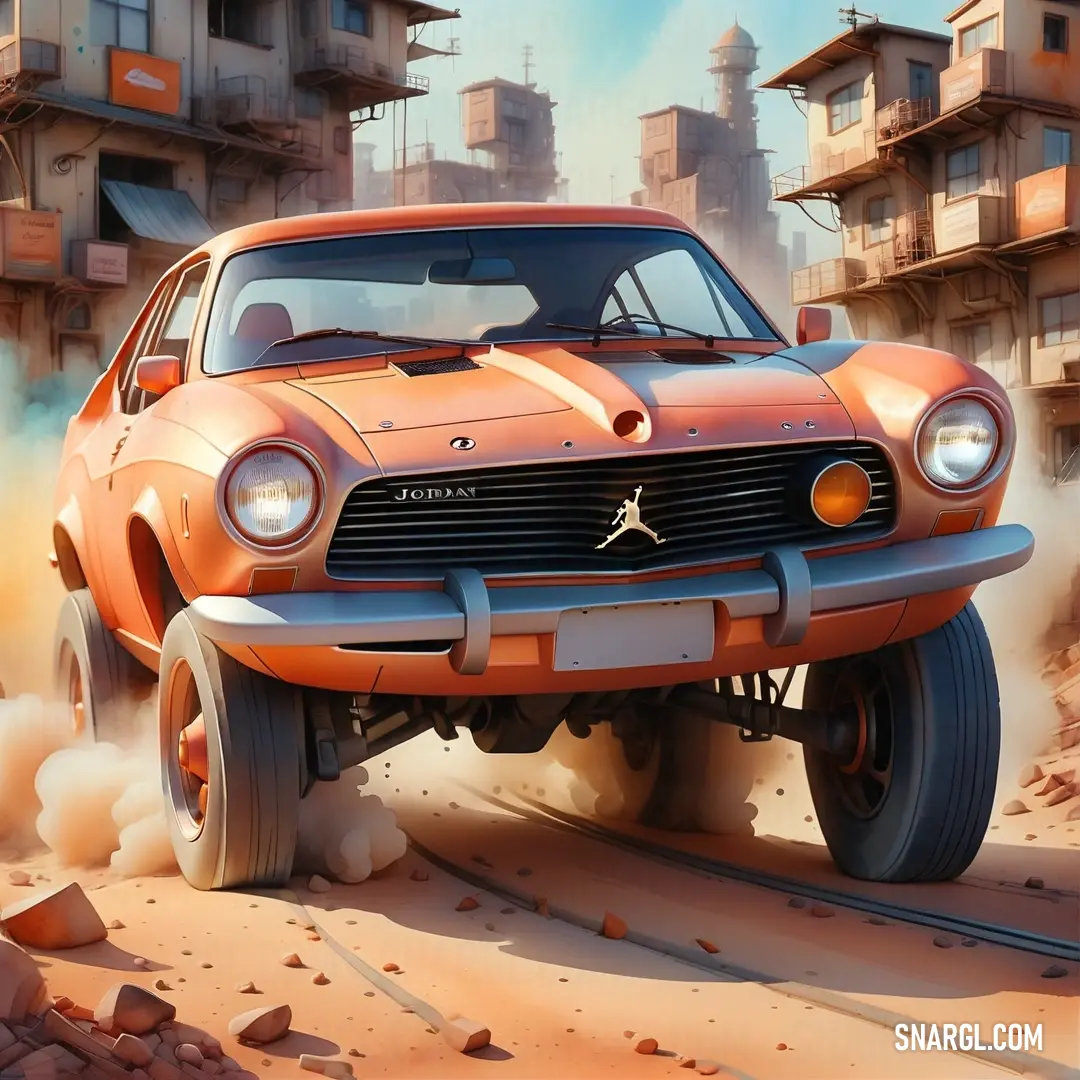Car is driving through a desert with buildings in the background. Example of RAL 430-3 color.