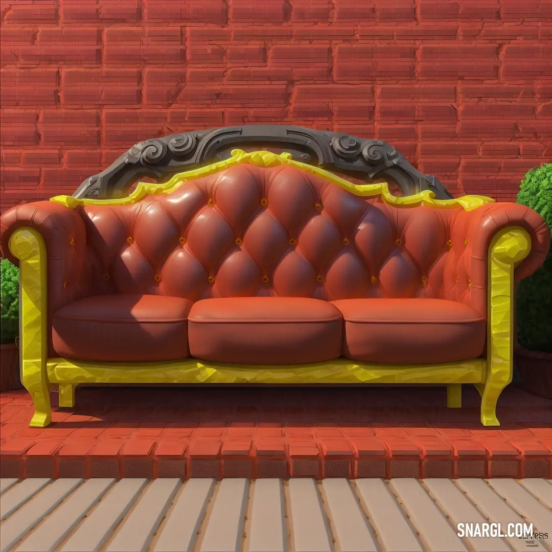Couch on top of a brick floor next to a wall with a planter on it's side. Example of RAL 440-1 color.