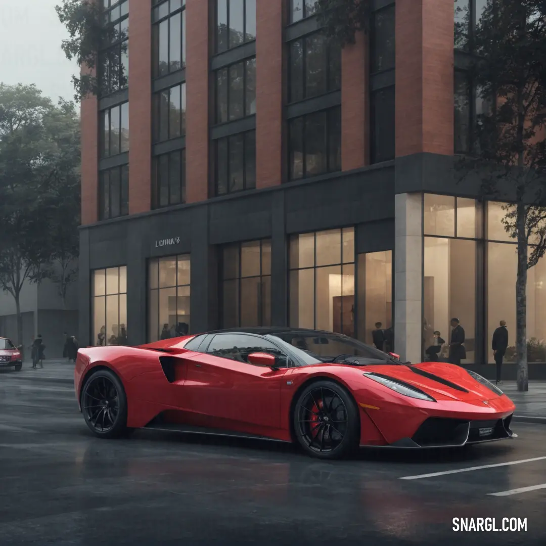 Red sports car parked in front of a building on a city street with a few people walking by. Example of RAL 440-1 color.