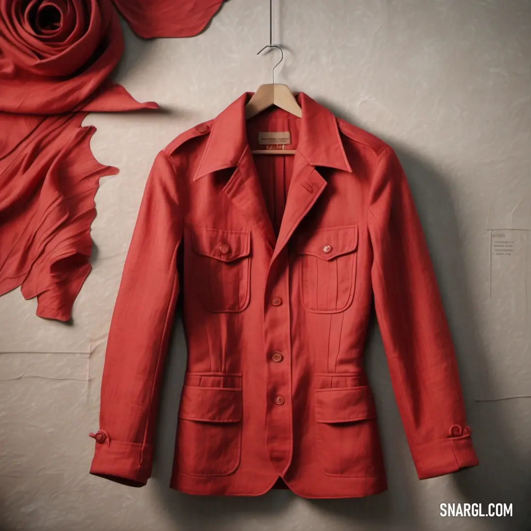 RAL 440-1 color example: Red jacket hanging on a wall next to a rose flower and a rose bush