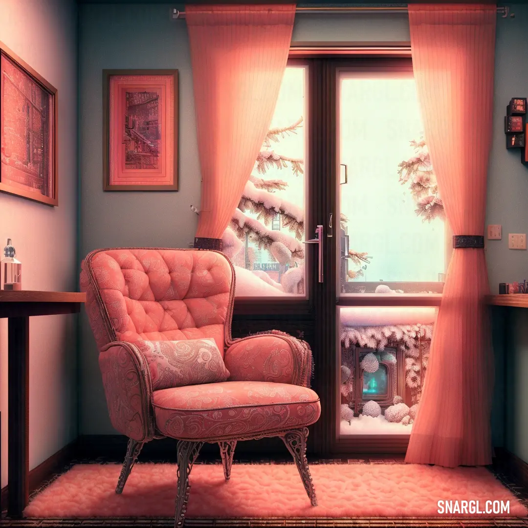 RAL 440-2 color. Chair and a table in a room with a window and a snowy scene on the wall behind it