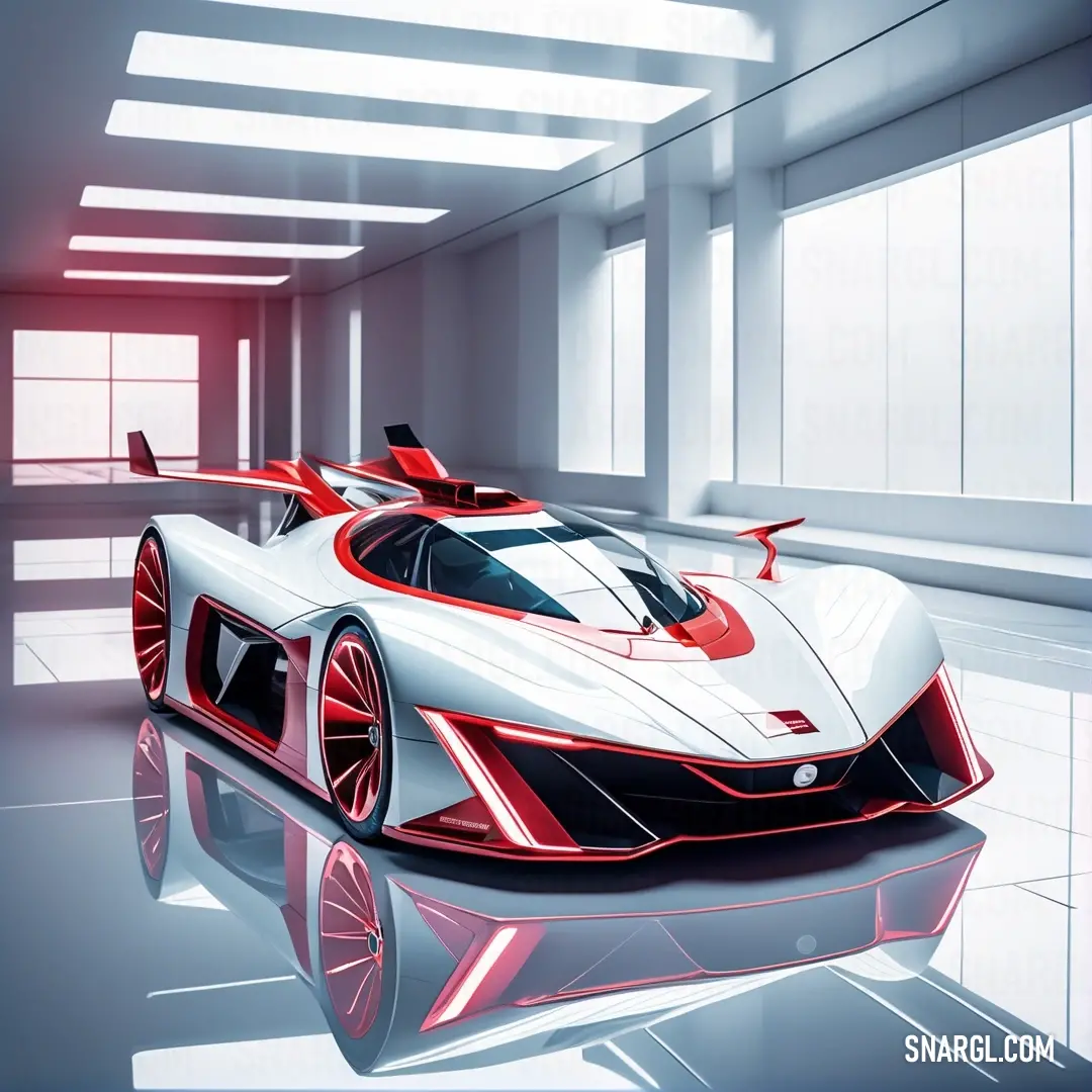 RAL 440-2 color. Futuristic car is shown in a room with a large window and a bright light coming from the ceiling