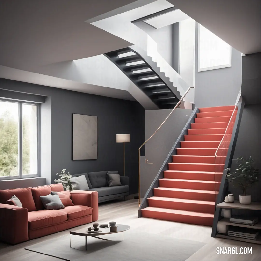 RAL 440-2 color example: Living room with a red couch and a stair case in it's center area and a coffee table