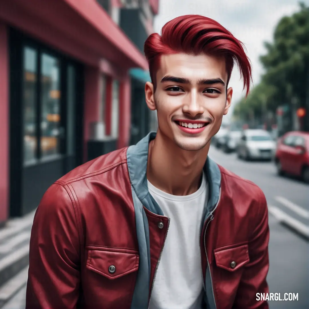 Man with red hair and a smile on his face is standing in front of a red building on a city street. Color RAL 440-2.