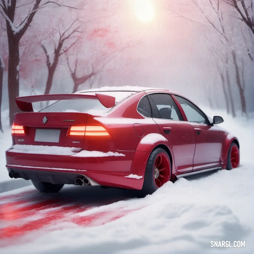 Red car driving down a snowy road in the snow with trees in the background. Color RAL 440-M.