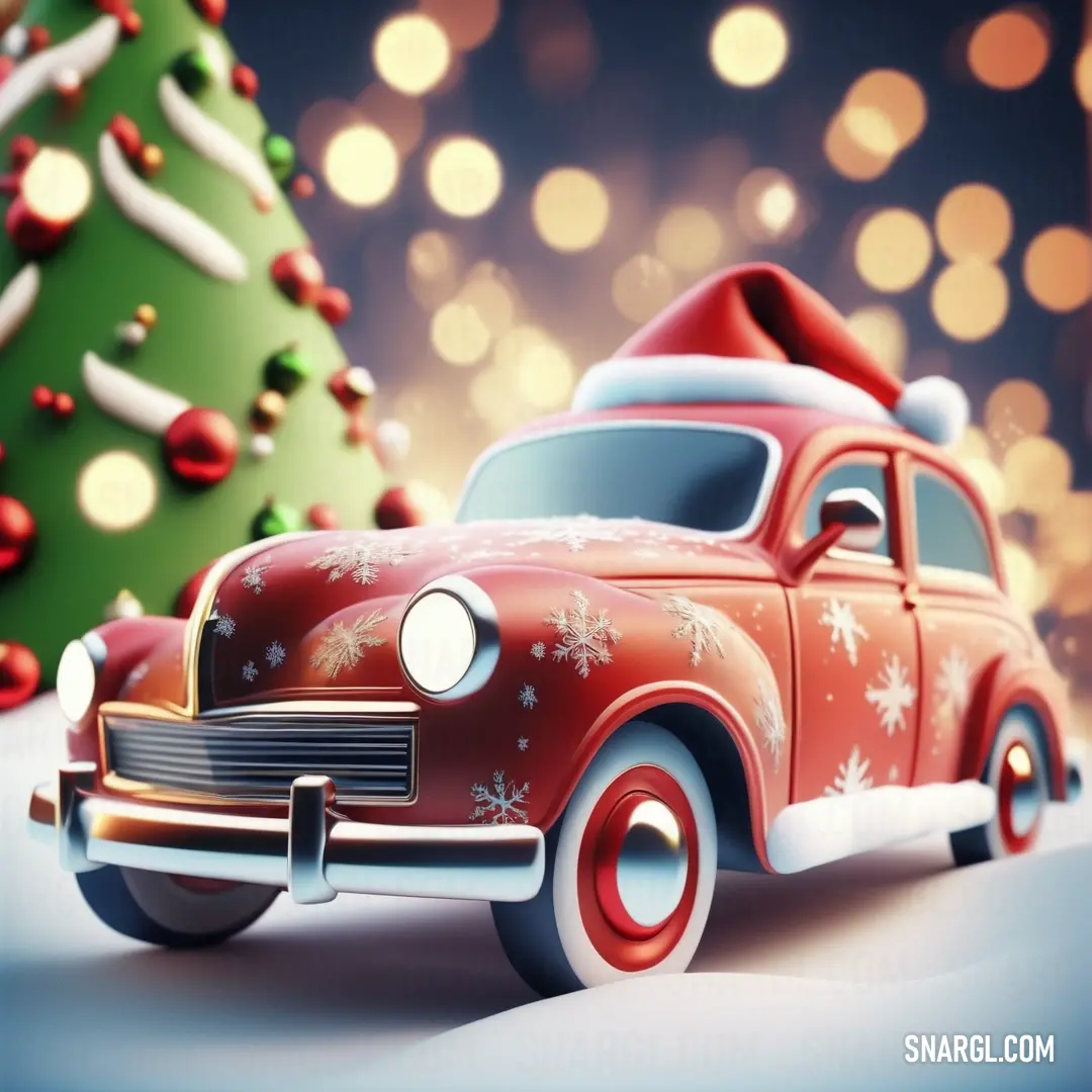 Red car with a santa hat on it parked in front of a christmas tree with lights in the background. Example of RGB 161,45,58 color.