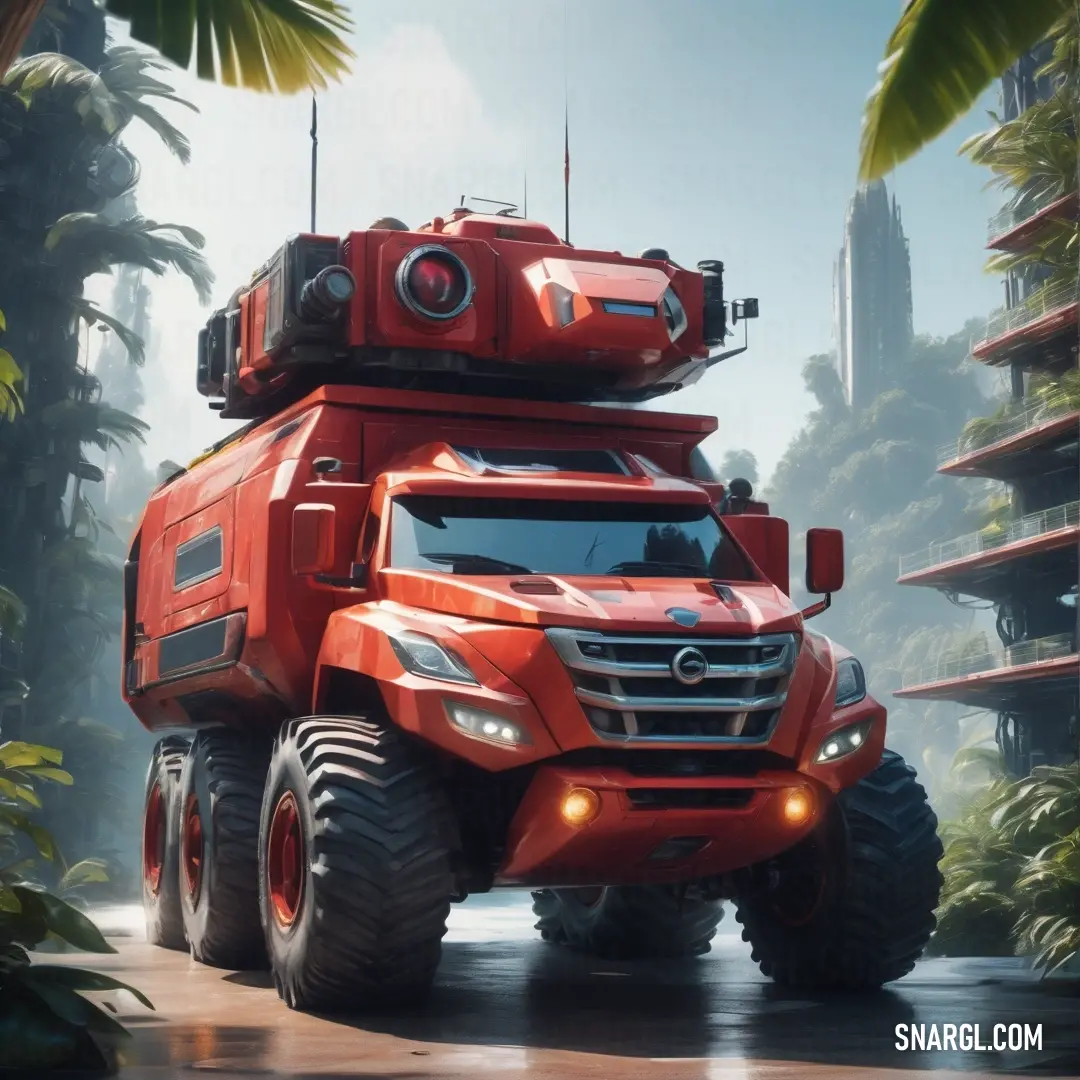 Red vehicle with a large tire driving through a jungle area with palm trees and buildings in the background. Color #A12D3A.