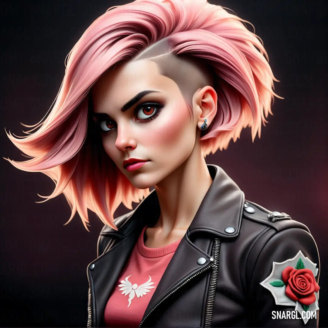 Woman with pink hair and a leather jacket with a rose on her shoulder. Example of #F7CAD0 color.