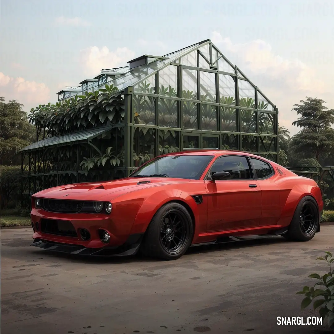 Red sports car parked in front of a greenhouse with a green roof. Example of RAL 450-5 color.