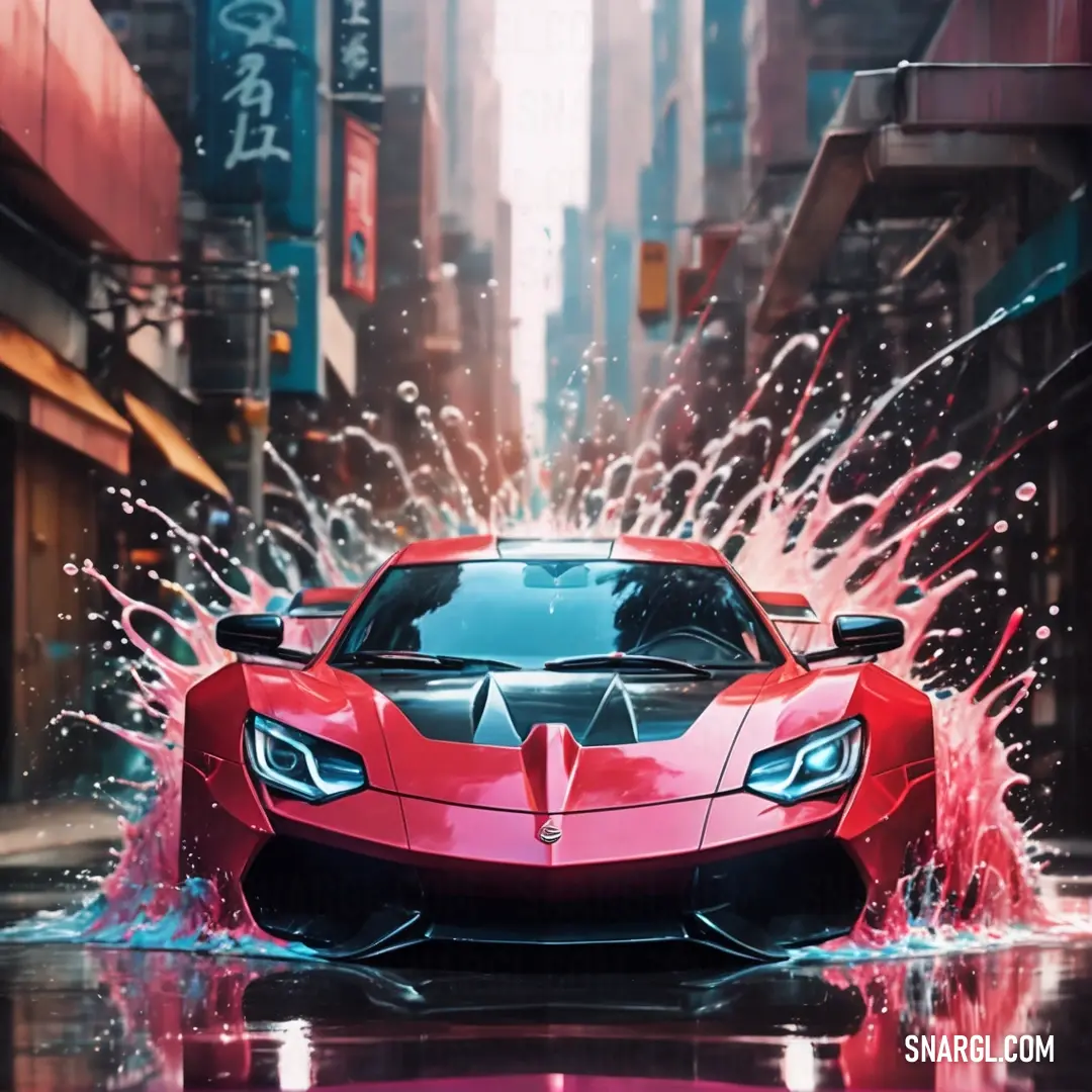 Red sports car driving through a city street with water spraying out of it's hoods and front windows. Color CMYK 27,100,100,0.