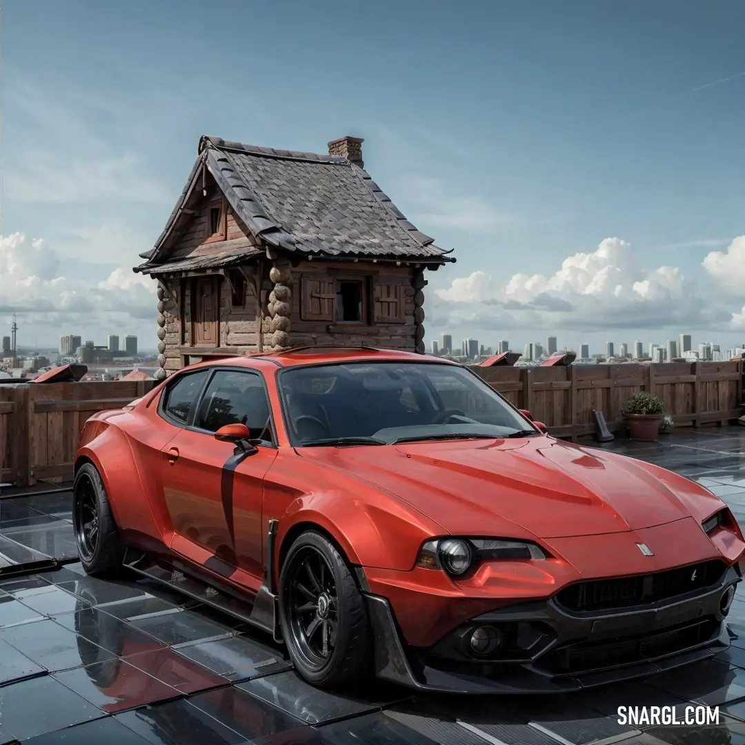 Red sports car parked in front of a small wooden house on a roof of a building. Color RGB 183,54,58.