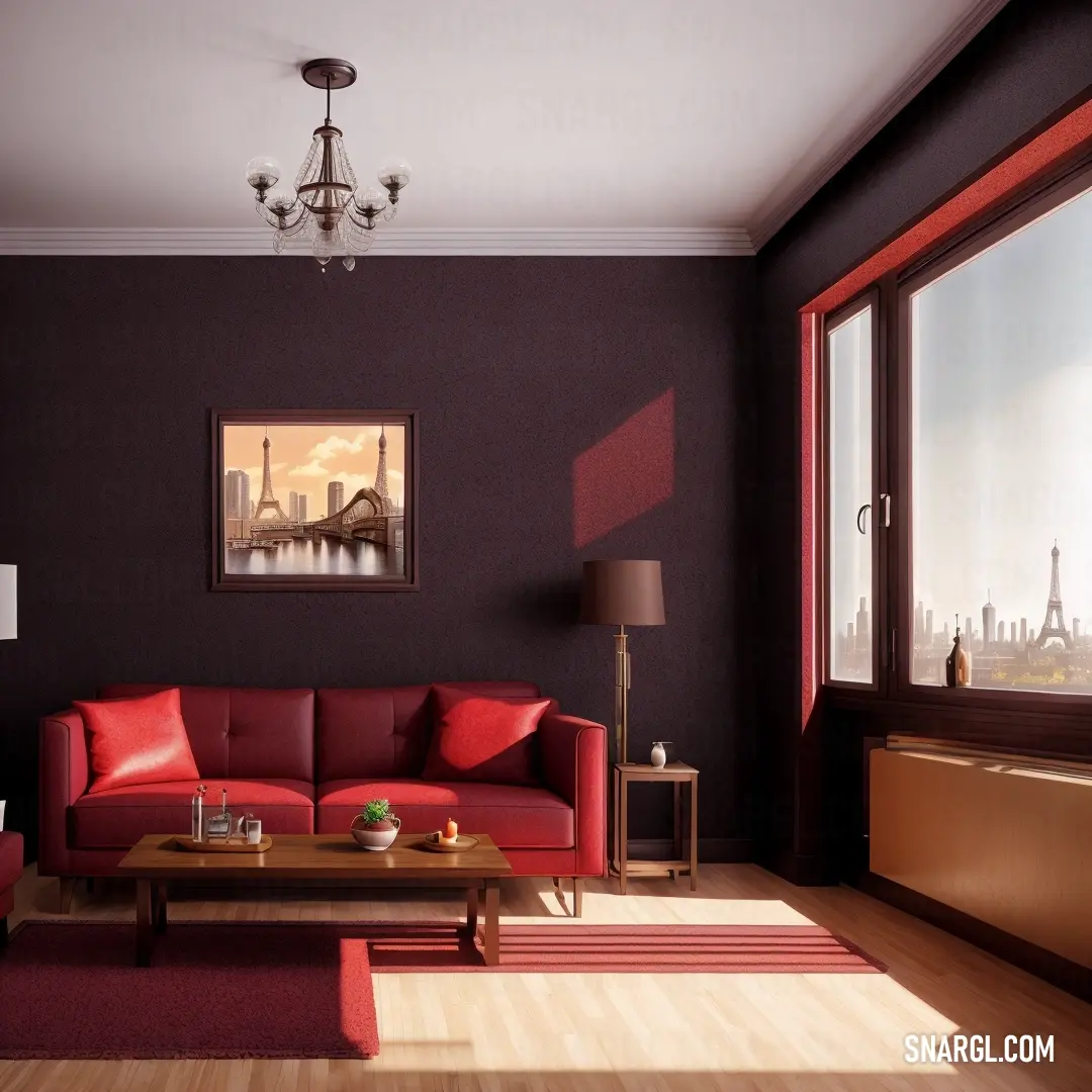 Living room with a red couch and a coffee table in front of a window with a view of the city. Color #C3272F.