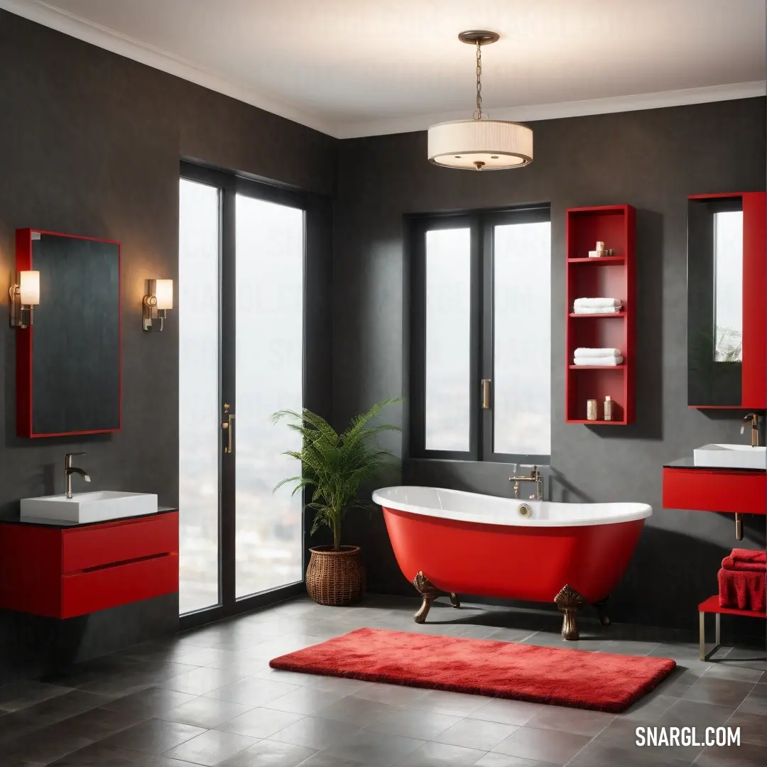 RAL 450-6 color. Bathroom with a red bathtub and a red rug on the floor