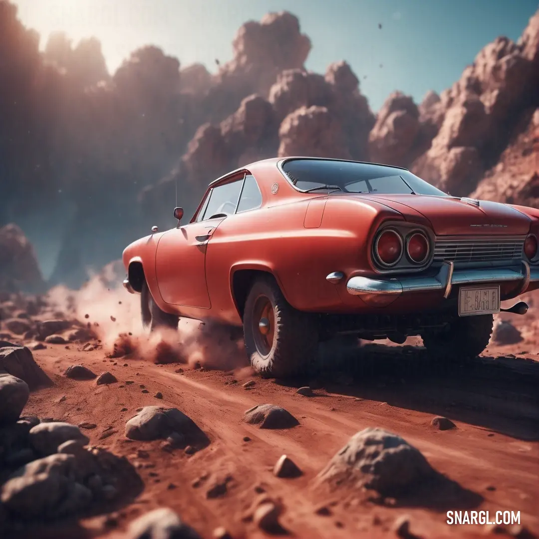 Red car driving on a dirt road in the desert with rocks and boulders in the background. Color RGB 195,39,47.