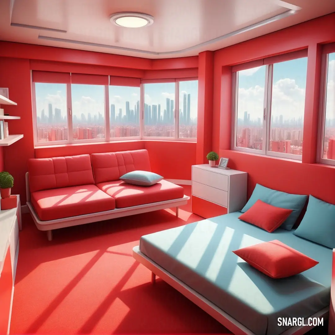 Red room with a couch and a bed in it and a window with city view in the background. Color CMYK 4,100,100,11.