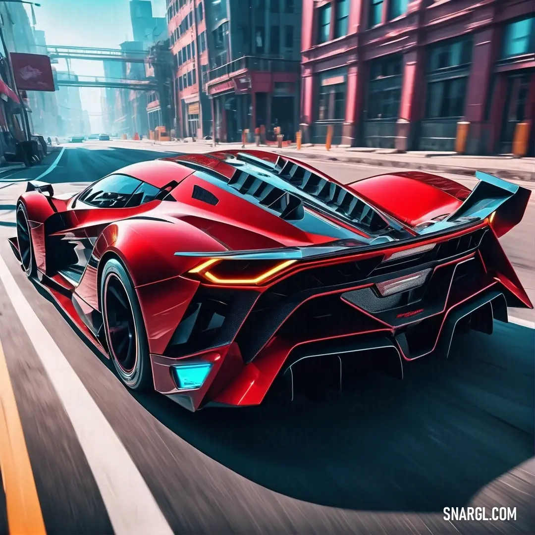 RAL 450-6 color. Red sports car driving down a city street in a futuristic style