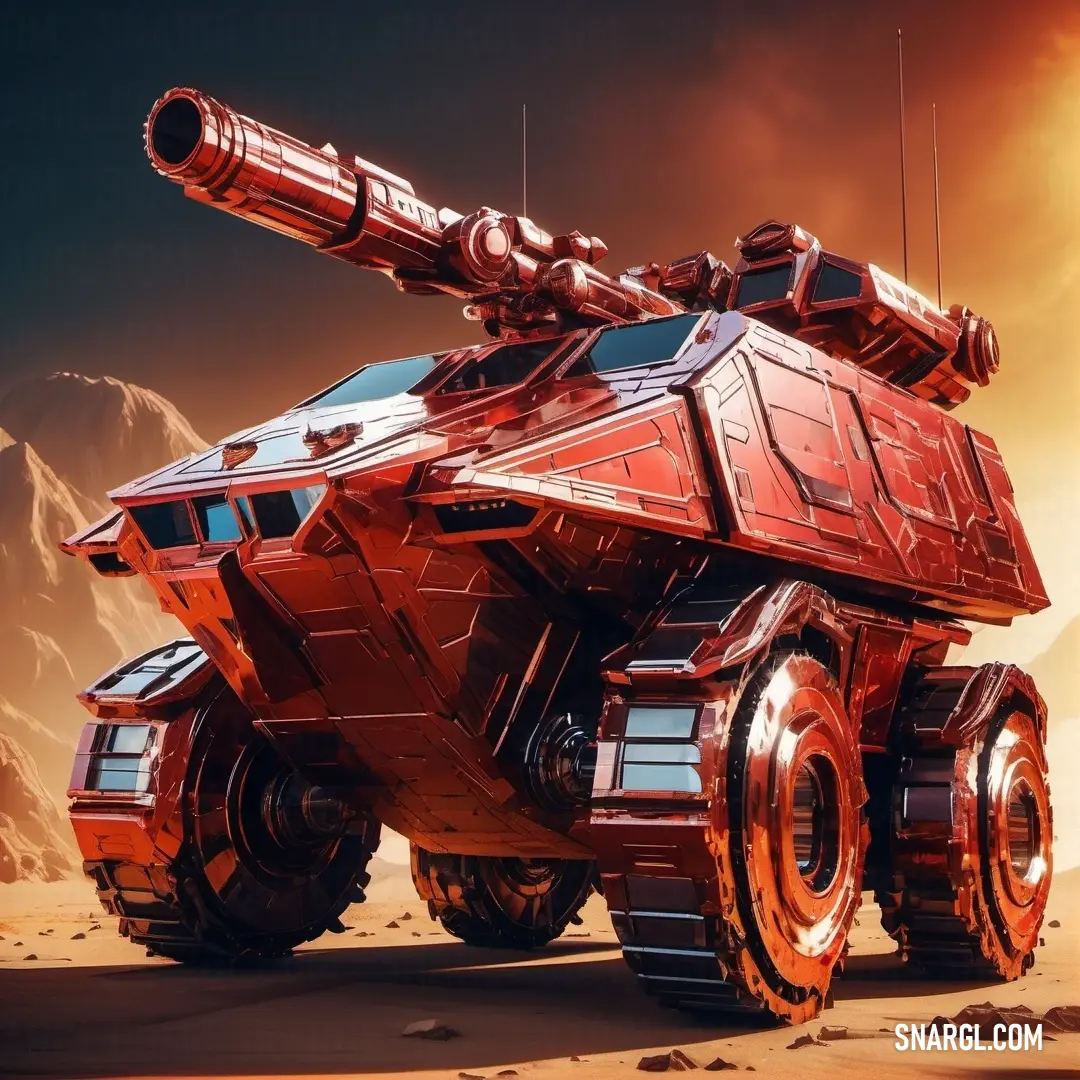 Red vehicle with a large gun on top of it's back wheels in a desert area with a mountain in the background. Example of RAL 450-6 color.