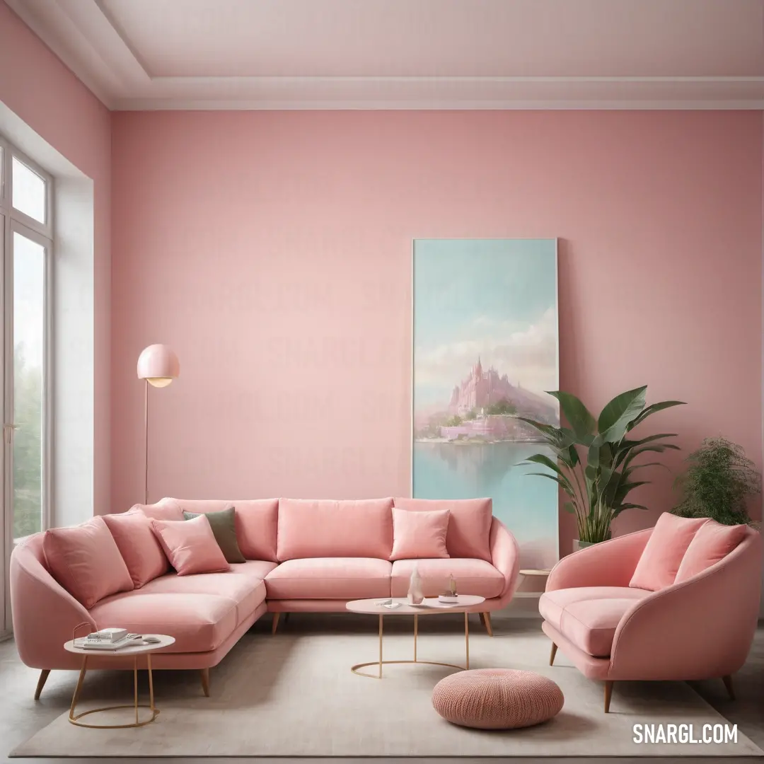 Living room with pink walls and a painting on the wall and a couch and chair in the middle. Example of #F5B5C8 color.