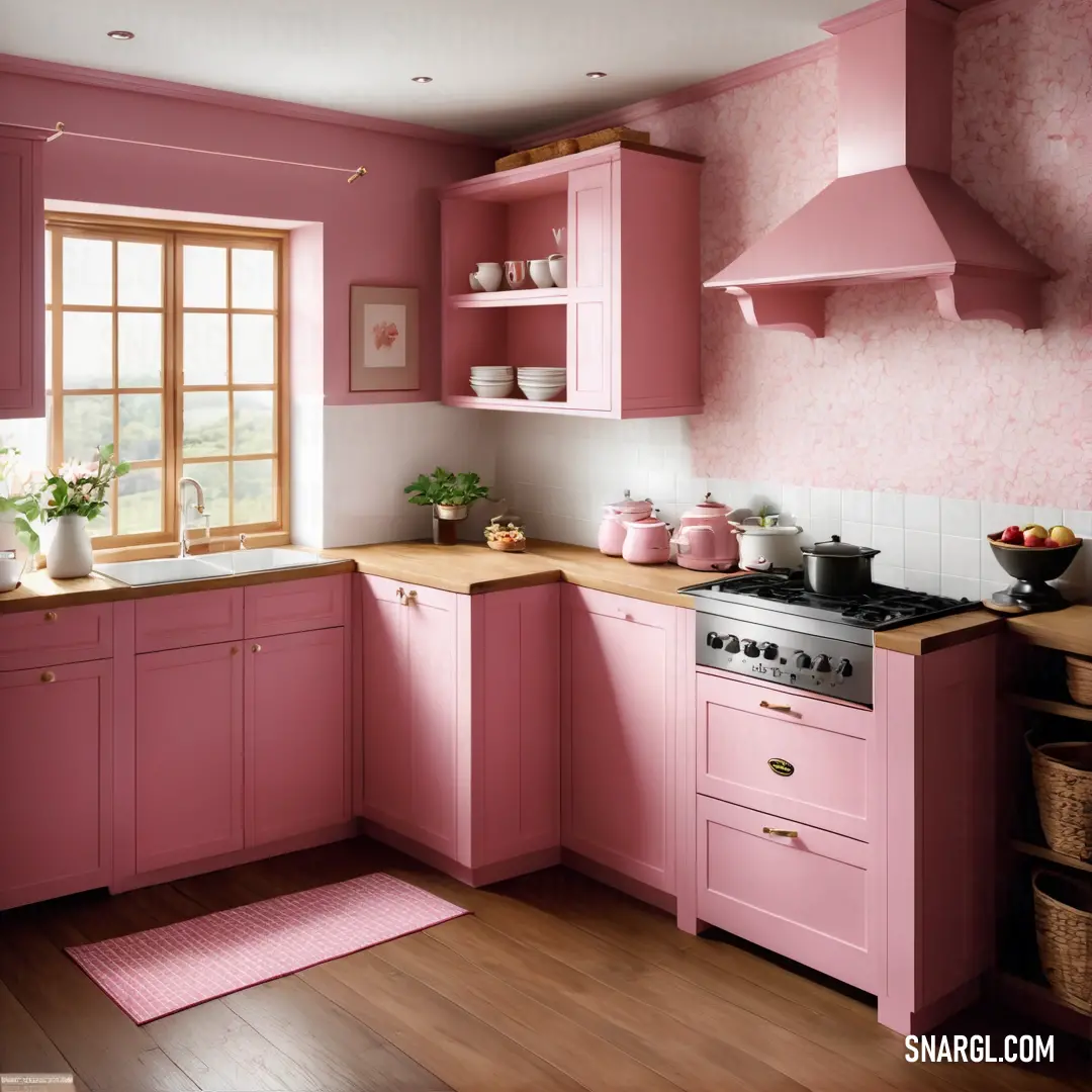 Pink kitchen with a stove and a sink and a window with a view of the outside of the room. Example of #F5B5C8 color.