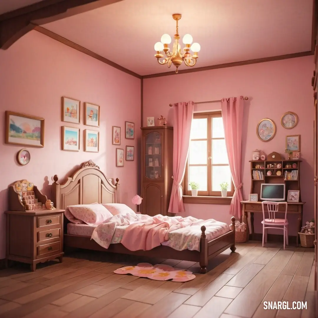 Bedroom with a pink wall and a bed with pink sheets and pillows and a desk with a computer. Color RAL 470-2.