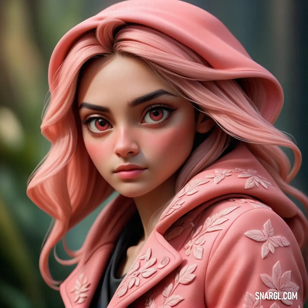 Digital painting of a woman with pink hair and a pink coat on her head. Color #EF8EA3.