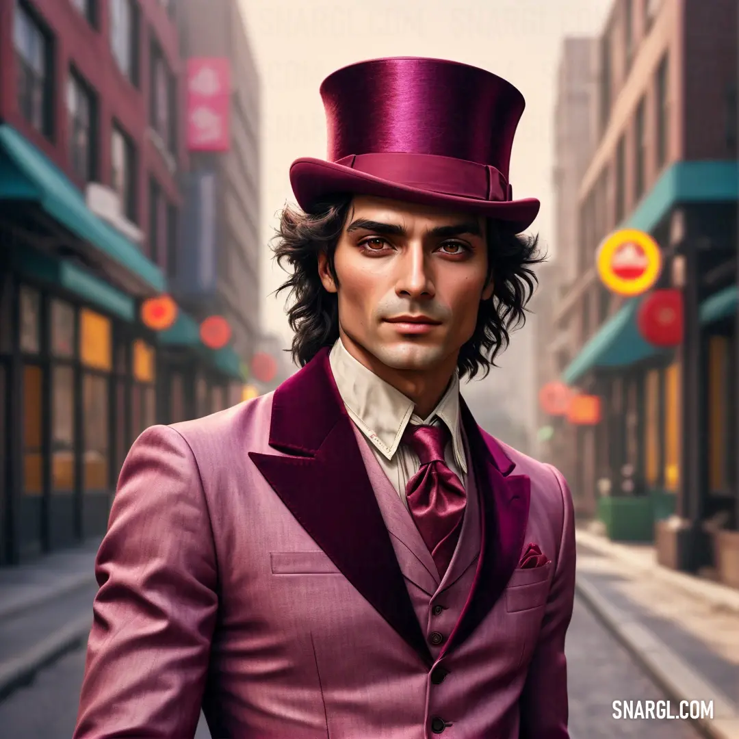 RAL 470-2 color example: Man in a suit and top hat on a street corner in a city with buildings and signs in the background