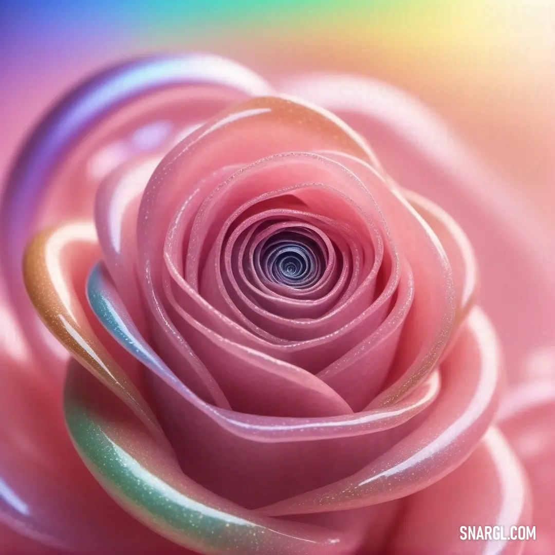 Pink rose with a spiral design on it's center and a rainbow background. Color CMYK 0,64,25,0.