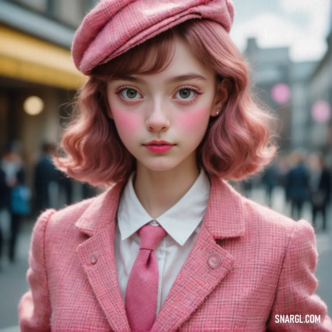 Girl in a pink suit and pink hat with pink hair and pink eyeshade. Example of RAL 470-2 color.