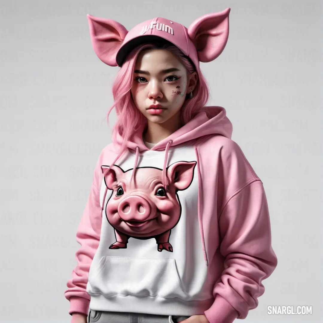 Girl with pink hair wearing a pig hoodie and a pink pig cap and sweatshirt. Color #EF8EA3.