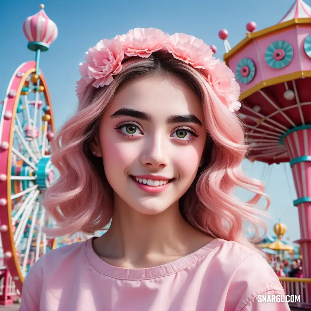 Girl with pink hair and a pink flower in her hair and a ferris wheel in the background. Example of RAL 470-2 color.