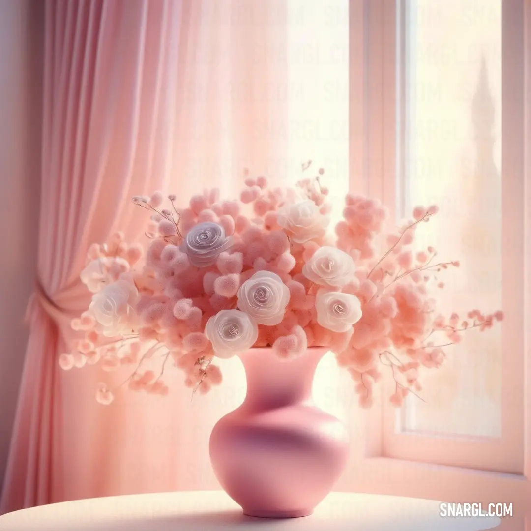 Pink vase with white flowers on a table in front of a window with curtains. Example of CMYK 0,64,25,0 color.