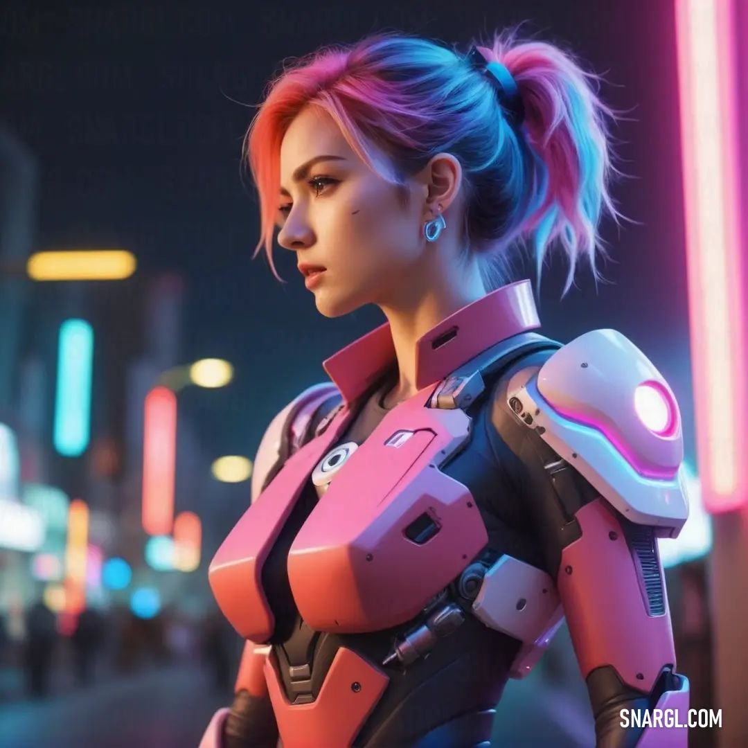 Woman in a futuristic suit standing in the street at night with neon lights behind her and a neon pink hair. Color RGB 239,142,163.