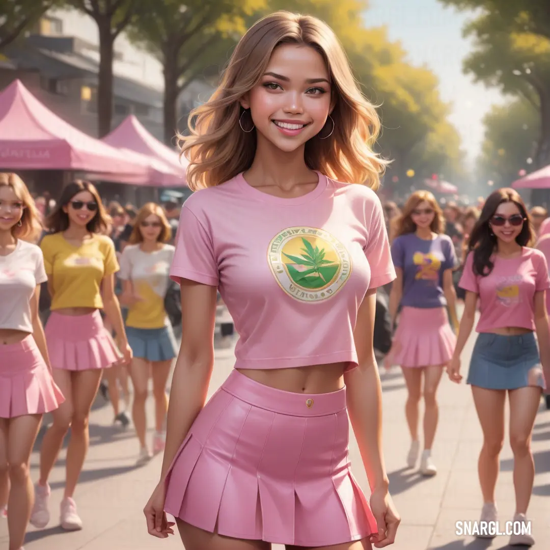 RAL 470-2 color example: Woman in a pink outfit standing in front of a group of girls in pink outfits on a city street