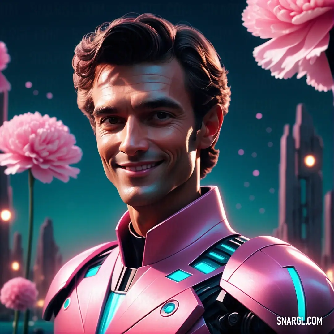 Man in a pink suit standing in front of pink flowers and a cityscape. Example of RGB 230,118,137 color.