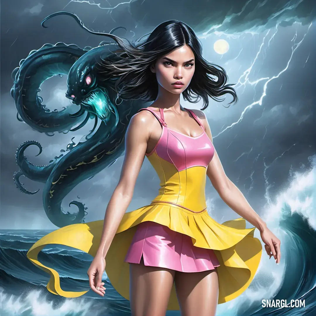 Woman in a yellow and pink dress standing in front of a giant sea monster with a lightning behind her. Example of CMYK 0,78,40,0 color.