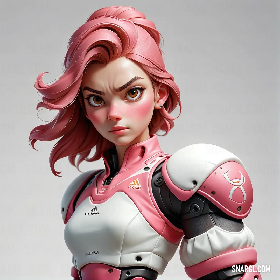 Woman in a pink and white suit with pink hair and a pink helmet on her head and arms. Color RAL 470-3.