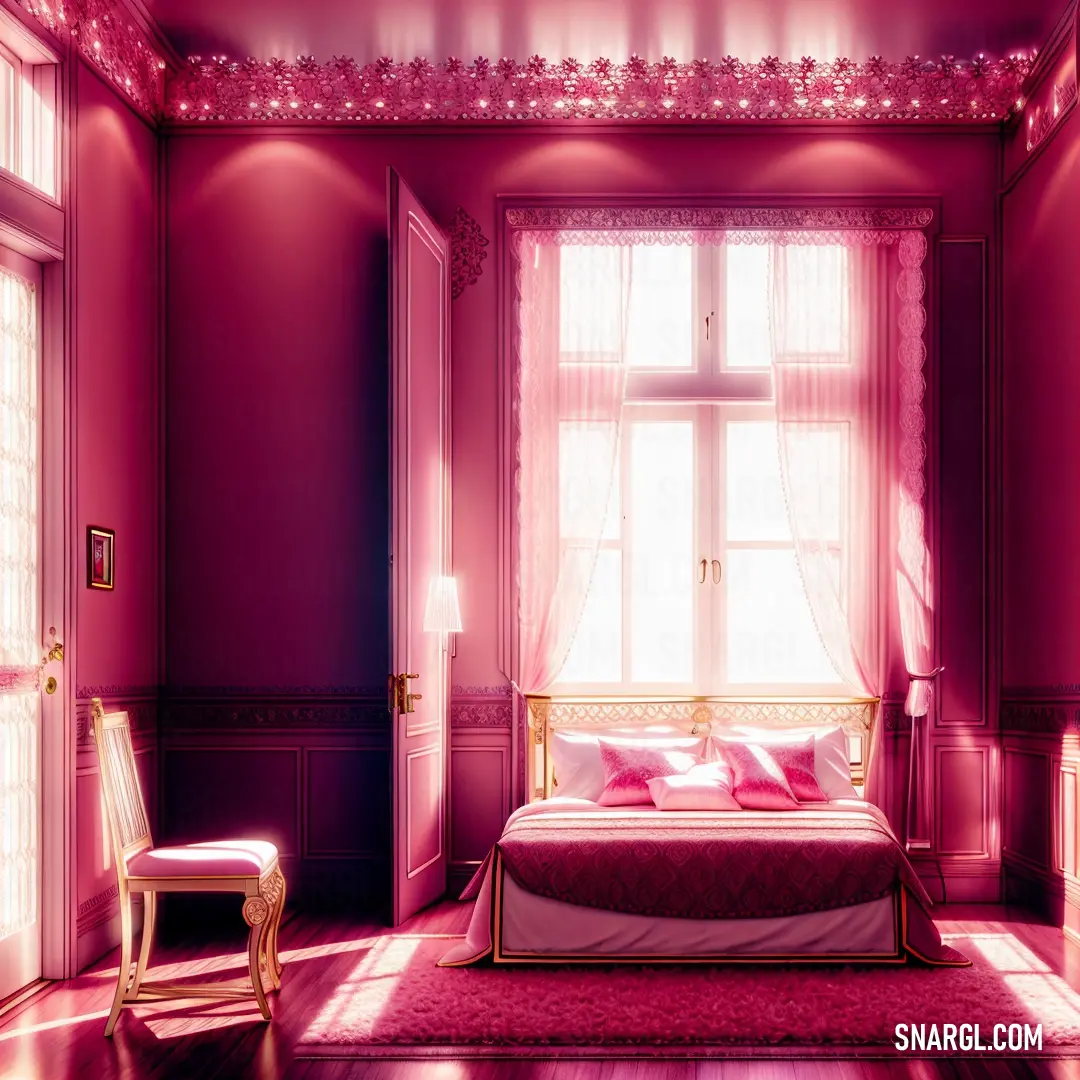 RAL 470-5 color. Bedroom with a bed and a chair in it and a window with a light shining through it and a pink wall