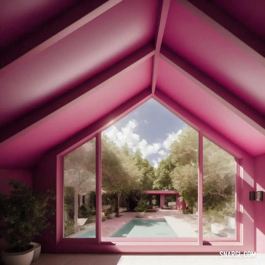 Room with a pool and a large window with a view of the sky and trees outside of it. Color CMYK 12,100,60,20.