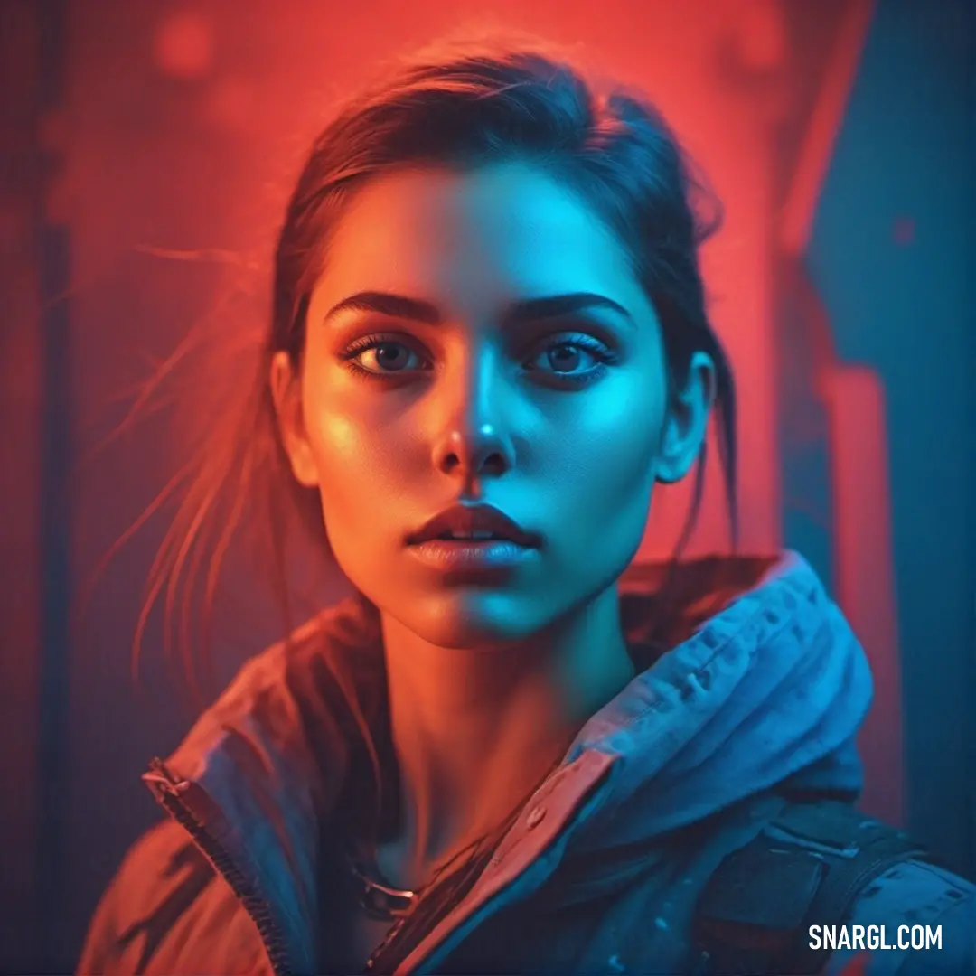 Woman with a blue light on her face and a red background. Color RGB 180,83,101.