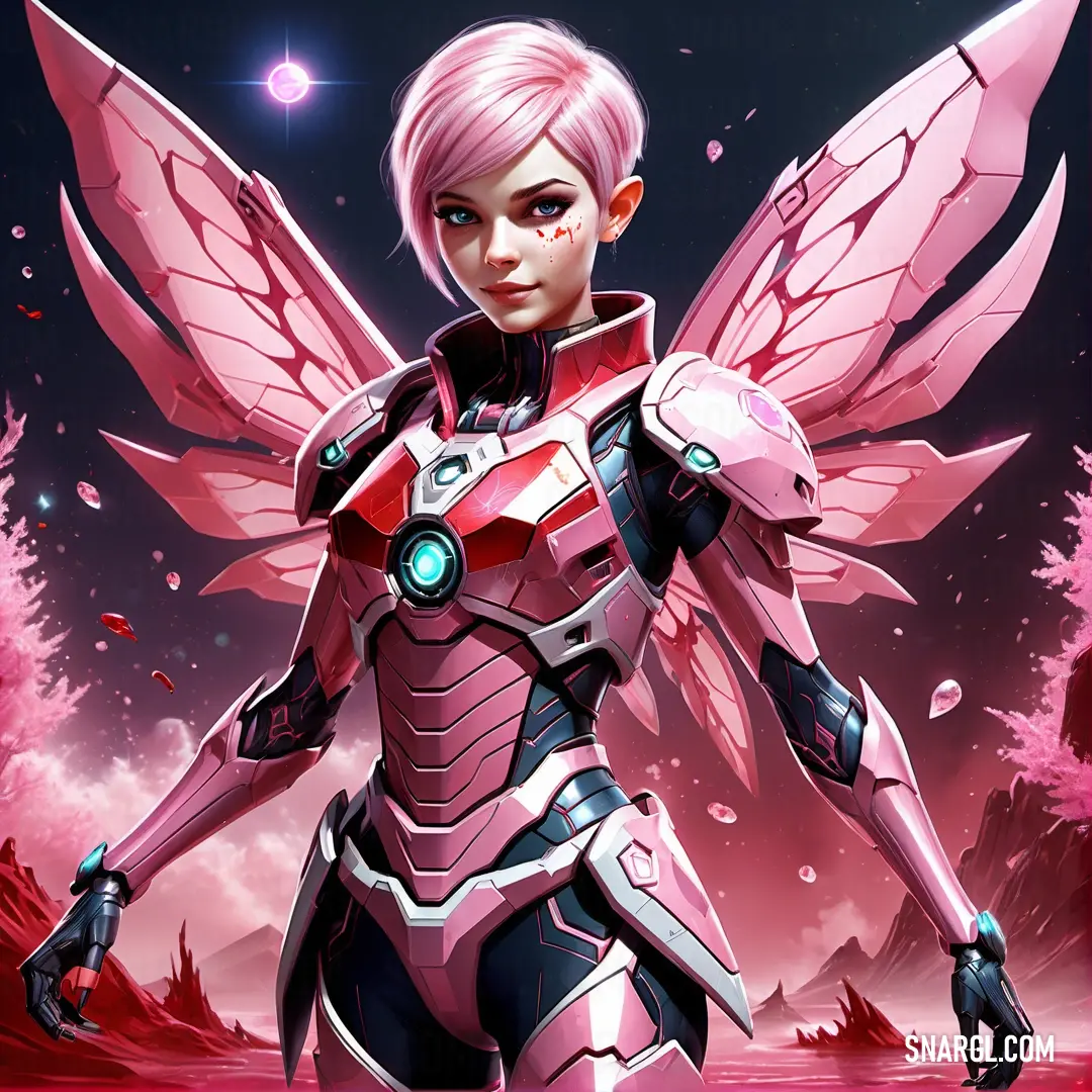 Woman in a futuristic suit with wings and a sci - fidget outfit on a pink background. Example of CMYK 22,93,60,15 color.