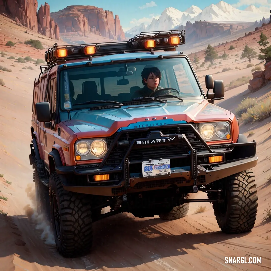 Man driving a red four wheel drive vehicle through the desert with mountains in the background. Color #F8CDCE.